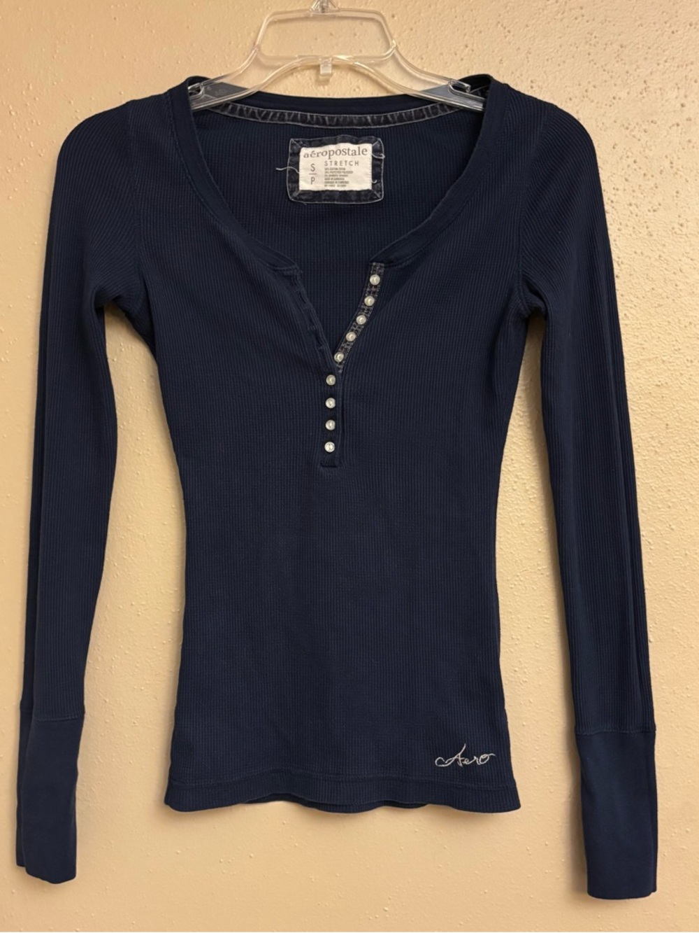 Aeropostale Navy Ribbed Henley Long Sleeve Top with Button Placket
